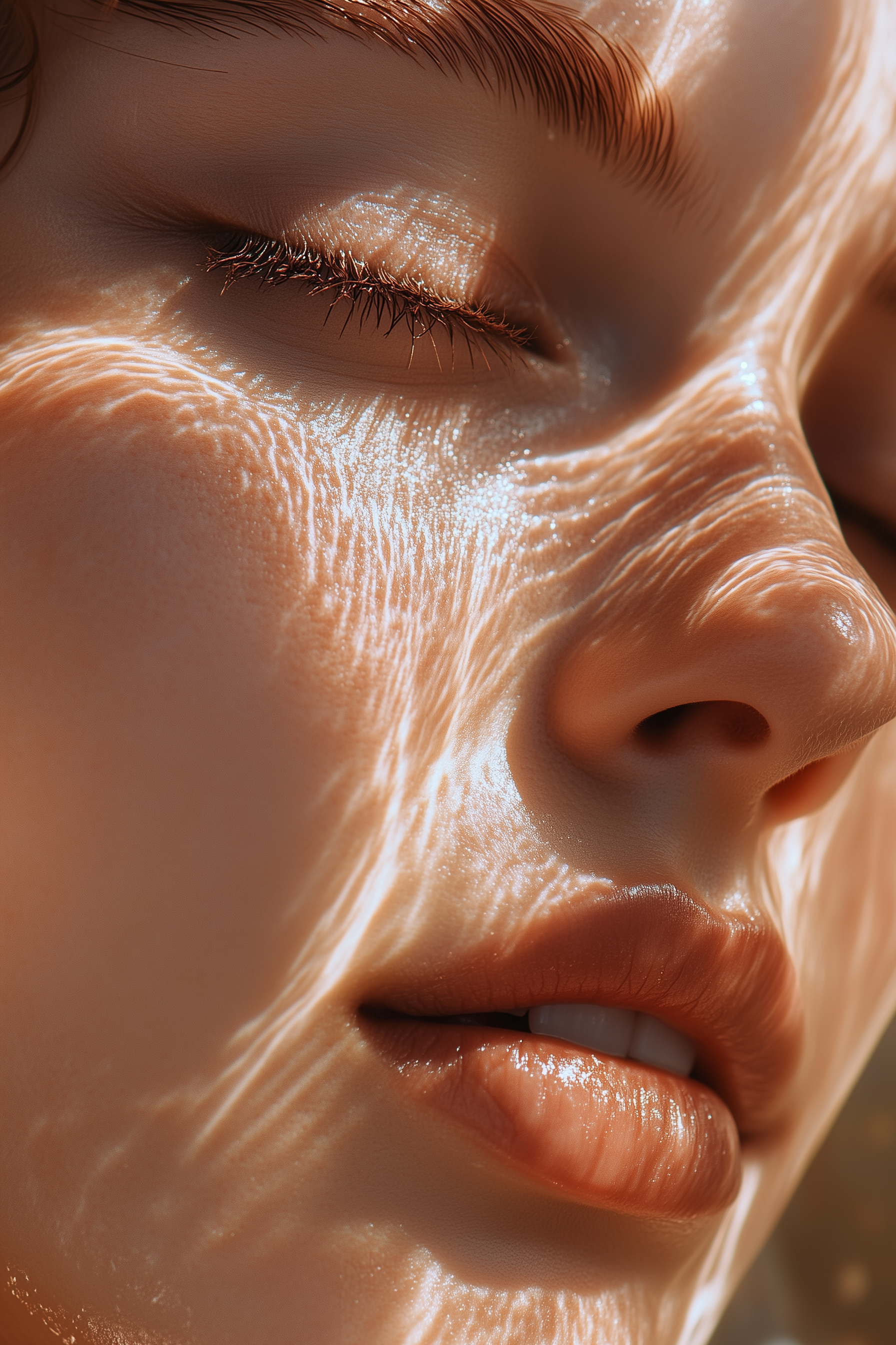 Close-up of a person’s face with eyes closed, showcasing smooth, glowing skin. Light patterns resembling ripples of water dance across the face, highlighting the nose, lips, and eyelashes. The image conveys a sense of serenity and natural beauty through the playful illumination.