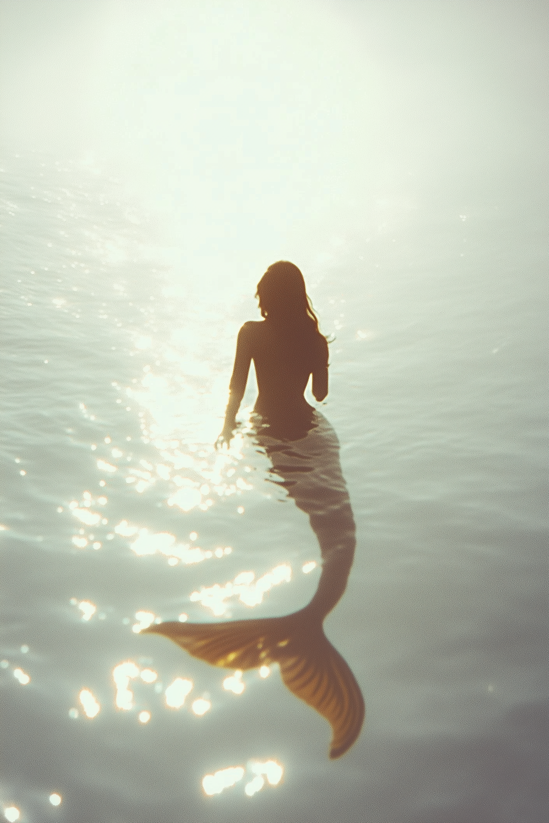 Silhouette of a mermaid in calm water, bathed in soft sunlight. The water shimmers with light reflections, and her tail is distinctly visible, fanning out gracefully. The scene is serene and ethereal, creating a dreamy atmosphere.