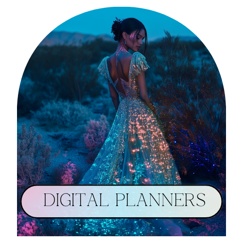 A woman in a glowing, starry dress stands in a magical, twilight desert landscape. Her hair is elegantly styled, and the dress shimmers with light. The scene is framed with a soft arch, and the words Digital Planners are displayed in a rounded rectangular banner at the bottom.