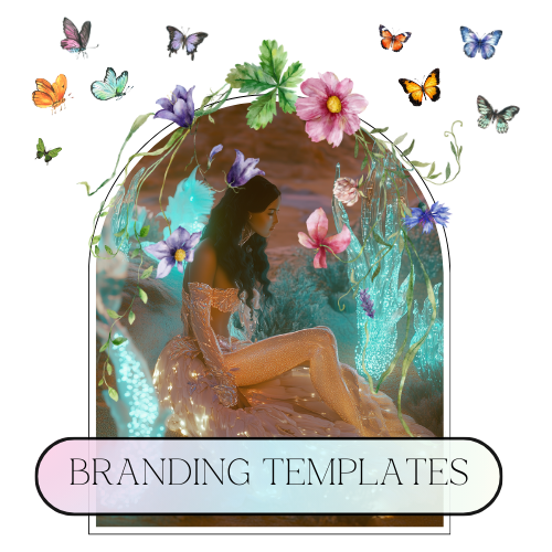 A woman in a shimmering gown sits in an enchanted setting with glowing plants. Colorful butterflies and flowers frame the scene. Text below reads Branding Templates. The scene is dreamlike with a mystical atmosphere.