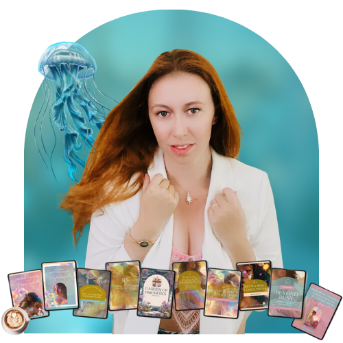 A person with long red hair and a white jacket poses confidently in front of a teal background featuring a jellyfish. Below are 10 colorful card decks with mystical, dreamy themes displayed in a row.